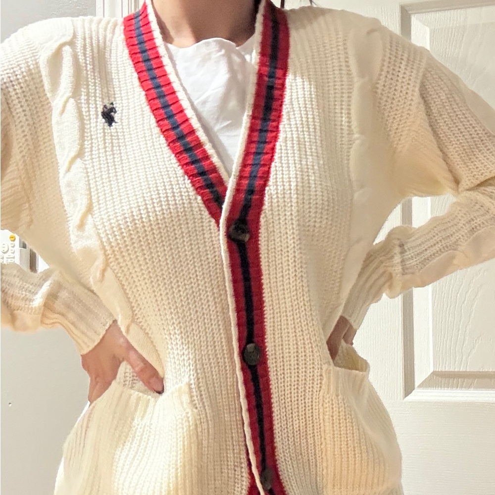 U.S. Polo Assn. Cream Cardigan with Red and Black Trim